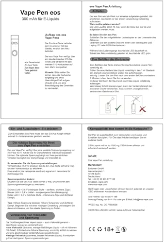 eos Premium CBD Vape Pen zum Aufladen per USB | E-Zigarette wiederverwendbar & nachfüllbar | Leistungsstarker 300-mAh Akku | Vaporizer ohne Temperatur-Schwankungen | E-Vape Stick in Chrom