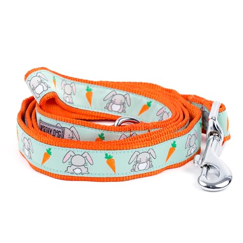 THE WORTHY DOG Fashionable Bunnies and Carrots Kawaii Leash for Dogs, Woven Ribbon, Solid Nickel Plated D-Ring, Mint, Large