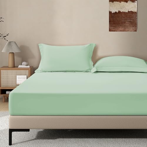 Image of Light Sage Green Fitted Sheet,Queen Size Fitted Sheet with Deep Pocket 18 inch,Ultra Soft & Breathable FittedSheet Easily Fits 18 inch to 24 inch Mattress