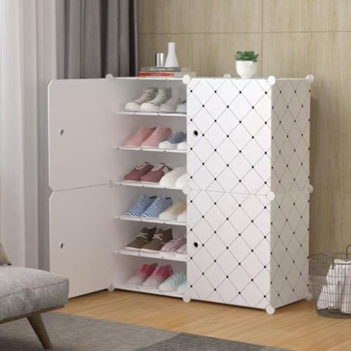 Image of Plastic Shoe Rack for Home | 12 Shelf DIY Shoe Rack with Door for Home Storage Plastic Box Organizer, Metal Door Frame, Chappal Slipper Sandals Stand (White HO1, 12 Shelf)