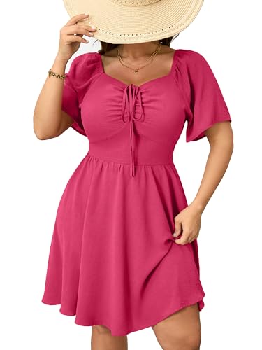 Image of RWJ Women Plus Size Summer Dress Short Sleeve Tie Front Sweetheart Neck Casual Mini Wedding Guest Dresses 2025