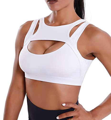 YOGASASA Sports Bra for Women Sexy Push Up Cutout Crop Workout Tops with Removable Padded Cups Medium Support CuteTraining Yoga Active Bra,White