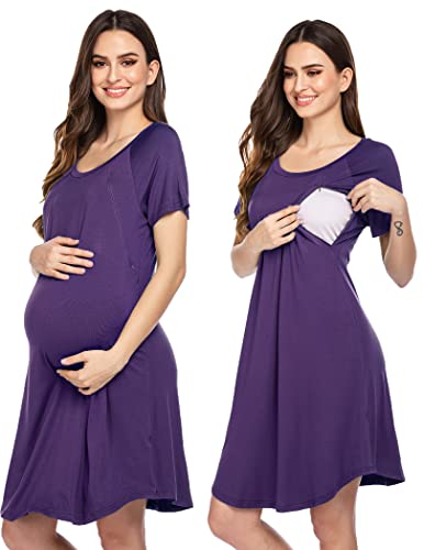 Image of Ekouaer Womens, 3 in 1 Delivery/Labor/Nursing Nightgown Nightshirt, Maternity Hospital Breastfeeding Gown, B_purple, Small