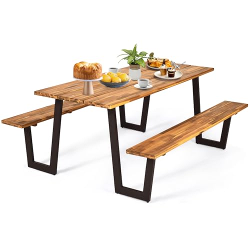COSTWAY Acacia Wood Picnic Table, 70” Tabletop with Umbrella Hole, Strong Metal Frame, 6 Person Outdoor Picnic Table Bench Set for Patio, BBQ, Dining