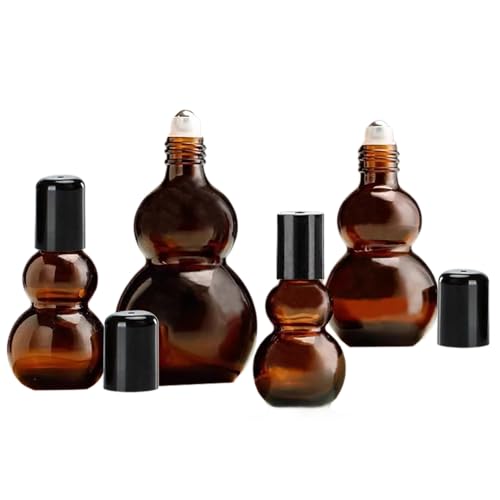 Essential Oil Roller Bottles, 10ml Amber Gourd Shaped Glass Roller Bottles with Stainless Steel Roller Ball, for Travel,Perfume (Amber-Black Cap, 10ML)4