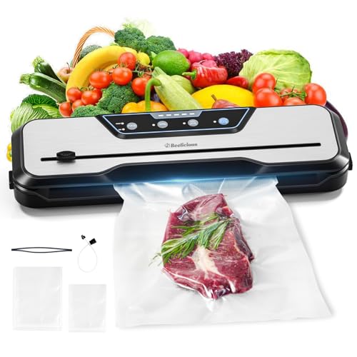 Automatic Food Vacuum Sealer Machine, Beelicious 8-In-1 Food Vacuum Saver with Starter Kits, Pulse Function, Moist & Dry Mode and External VAC for Jars and Containers, Silver-Grey