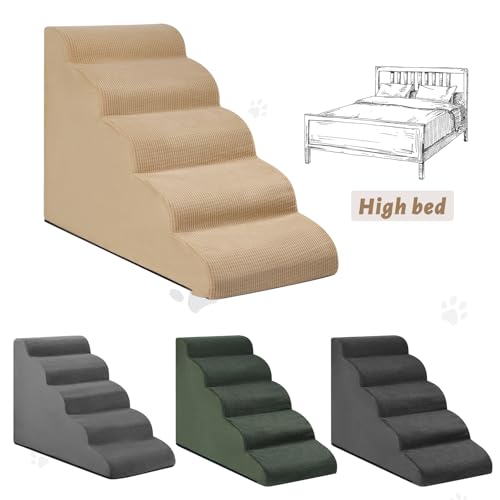Image of Aodisman Dog Stairs for High Bed,5-Step Pet Ramp for Small Dogs and Cats | 22.2 inch H Dog Steps for Bed with High-Density Foam, Help Olders,Short-Legged Dogs,Puppy and Cats Get on Beds Easily,Grey,Khaki