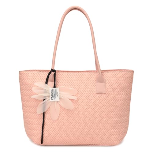 Women Casual Woven Tote Handbag with Pendant PU Leather Work Shoulder Bag (Pink)