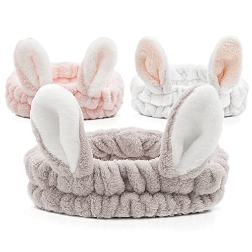 JOYOYO 3 Pcs Spa Headbands Bunny Ears Hair Bands Makeup Headbands Coral Fleece Elastic Headband Bath Shower Head Wraps for Women Girls Washing Face Shower Sports Beauty Skincare