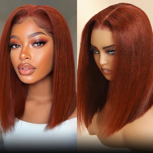 KLAIYI Reddish Brown Yaki Straight Bob Wig Human Hair Glueless Bye Bye Knots Precut 7x5 Lace Front Wig Pre Bleached Pre Plucked with Baby Hair 3S Ready to Wear and Go Wig Beginner Friendly 150% 10Inch
