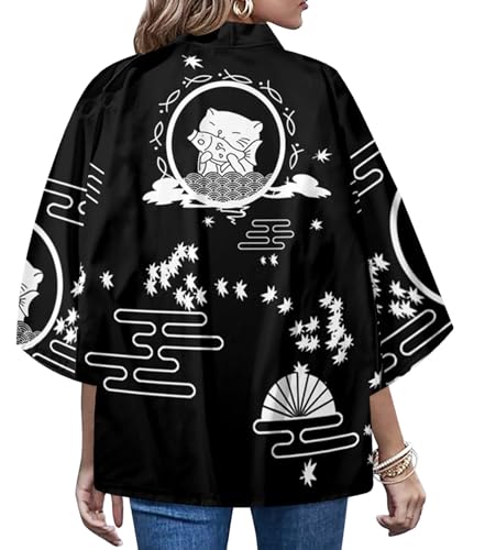 Image of LAI MENG FIVE CATS Women's Funny Cute Cat Cardigan Lightweight Kimono Loose Cover up Blouse Tops