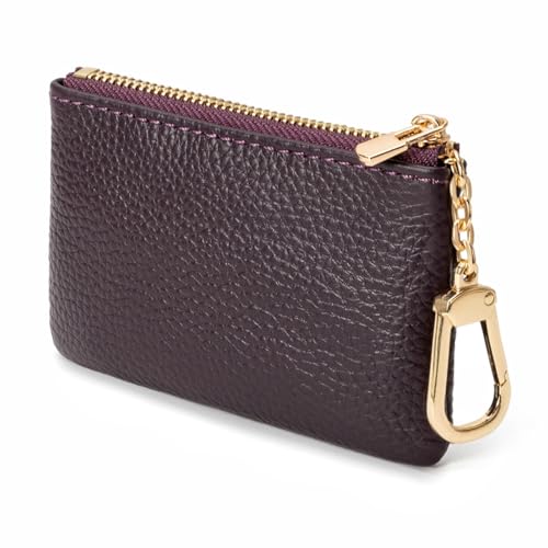 Image of Full Grain Leather Coin Purse with Key Chain - Small Change Purse Keychain Card Holder Keychain Pouch Small Keychain Wallet for Women and Men (Eggplant Purple)