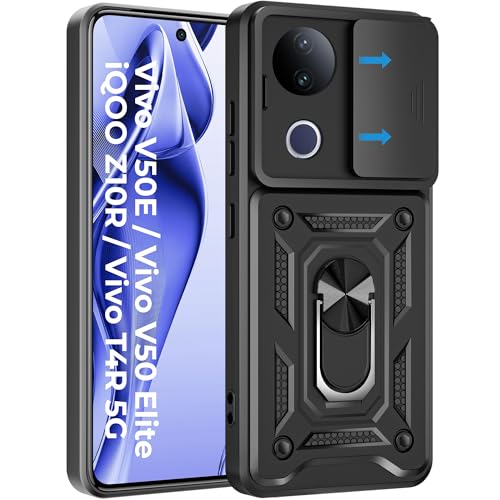 Image of A rtistque Armor Bumper Back Case Cover for iQOO Z10R 5G / Vivo V50 / V50e / V50 Elite Edition /Vivo T4R 5G | Stylish Ring Holder & Inbuilt Stand | Sliding Camera Cover | Protective Design - Black