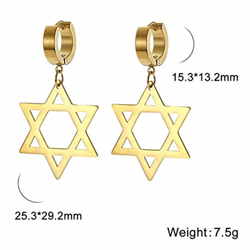 Star Of David Dangle Earrings For Men Women Stainless Steel Individual Punk Style Hexagram Clip On Hoop Earrings Religious/Israeli Jewelry (Gold) #TOP4