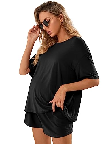 Image of Verdusa Women's Maternity Pajama Set 2 Piece Drop Shoulder Top and Short Lounge Sets