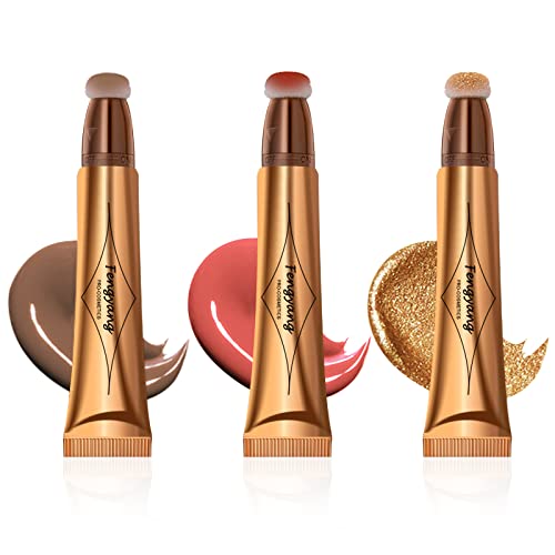 Fengyang® 3Pcs Barra de Rubor líquido Barra de Maquillaje y Rubor 3 en 1 Rubor resaltador lápiz de Contorno Barra de Maquillaje resaltador Polvo líquido Brillante (B)