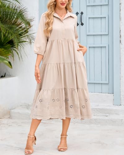 Image of Women Button Down Maxi Shirt Dress Long Sleeve Flowy Tiered Collared Dresses with Pockets