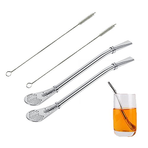 TXIN - TXIN 2 Pack Stainless Steel Drinking Spoon Straws Yerba Mate Bombilla Gourd Drinking Filter Straws Stirrer with 2Pcs Cleaning Brush