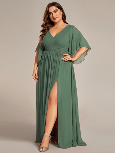 Image of Ever-Pretty Plus Women's Plus Size V Neck Half Sleeves Slit A Line Floor Length Bridesmaid Dress 01886-DA