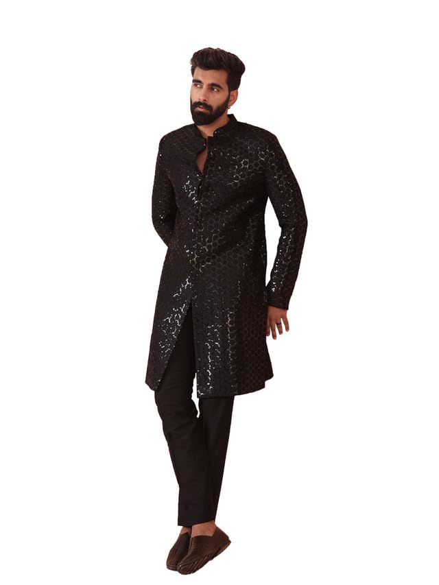 kisah Men Black Embellished Indowestern Sherwani Trouser Set with Sequinned-picture-34