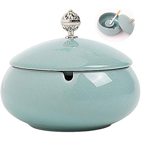 Ceramic Ashtray for Cigarette, Handmade Ash Tray with Lids for Office Decoration, Windproof Ashtray, Cigarette Ashtray for Outdoor Use, Ash Holder for Smokers - Best Gift (Blue) Cover