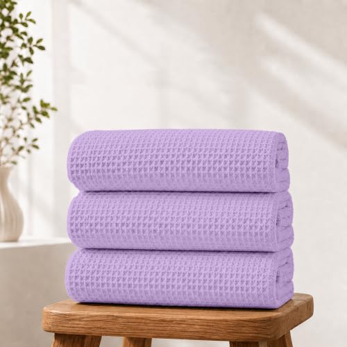 Image of Pure Cotton Waffle Towel | Lightweight | Anti Microbial and Water Absorbent | Soft Touch Quick Drying Bath Towels (Lavender, Pack of 1)