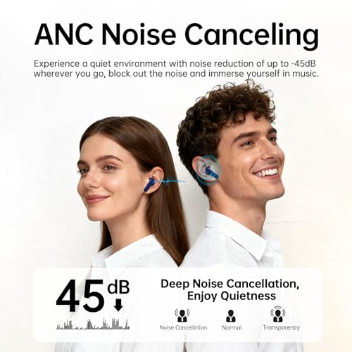 Image of xinwld Adaptive Hybrid Active Noise Canceling 2026 Wireless Earbuds, 6 Mics ENC Clear Call Ear Buds, Hi-Res Audio Deep Bass Bluetooth 5.4 Headphones, 40H Playtime, Wireless Charging, LED, USB-C, Blue