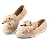 MUSSHOE Espadrilles Flats for Women with Bow: Round Toe Summer Linen Sole Women's Flats with Bow - Casual Lightweight Walking Shoes for Vacation&Daily Wear - Comfort Closed Toe Suede Fabric（Beige）
