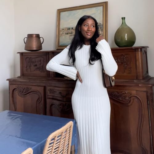 Image of Women's Long Sleeve Sweater Dress Ankle Length Fall Dress Vneck Knit Winter Dress