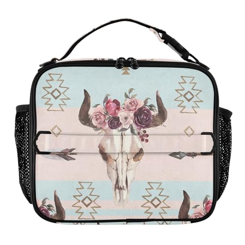 Kjovgcb Thermal Insulated Cooler Lunchbox Bag, Leakproof Nylon Lunch Meal Picnic Bag with Dural Buckled Handle 11.2x3.5x9.8 in Bull Skull with Horns Flowers Native American Arrows