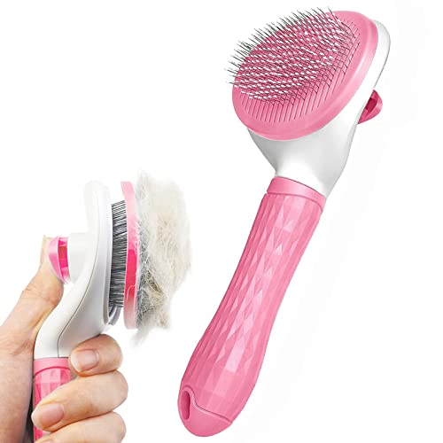 Dog/Cat Brush Grooming Comb,Self Cleaning Slicker Brushes with Smooth handle,Pet Grooming Tool with Cleaning Button for Cat Dog Shedding Tools Massage Clean Tangled Brush(Pink)