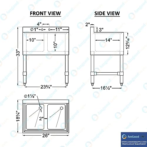 Image of AmGood One Compartment Stainless Steel Under bar Sink (Sink Size: 26 inchx19 inch, Two Bowl)