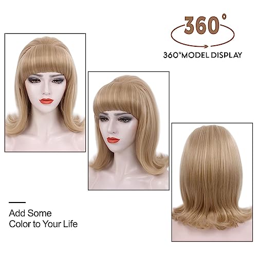 REEWES Beehive Wig With Bangs 50's Flip Wig For Women 60s 70s Party Costume Cosplay Halloween(Blonde Highlight) - Image 4