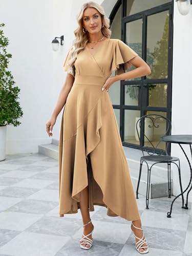 Image of Long Black Formal Dresses for Women Gowns Evening Party Cocktail Dress,Split Elegant V Neck Wrap Ruffle Wedding Guest Dresses
