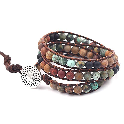 Handmade Bohemian Natural Stones Bracelet - Leather Bracelet with Chakra and Beads Wrapped for Women and Girls (Stone Beads)