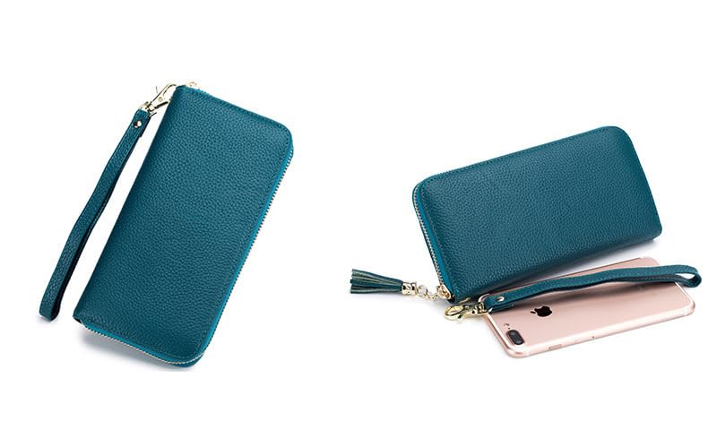 Irsutey Women ' Solid Color Leather Tassel Zipper Wallet RFID Anti-Theft Brush RFID Anti-Theft Brush Long Wallet (Blue)2