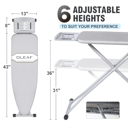 Image of oleaf Ironing Board with Cover and Thicken Pad Height Adjustable Full Size Foldable Iron Board with Iron Rest, Stable Steel Legs, Metal Construction, Heat Resistant, Silver
