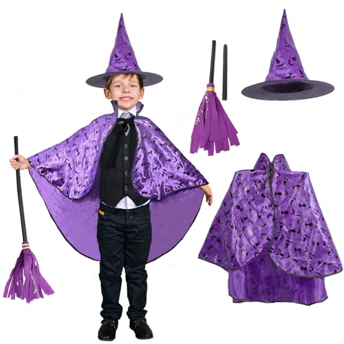JINGTOPS Capa de feiticeiro criança, acessórios de Halloween, disfarce de mago com vassoura e gorro de bruxa, para meninos e meninas, Cosplay, carnaval, máscara, festa
