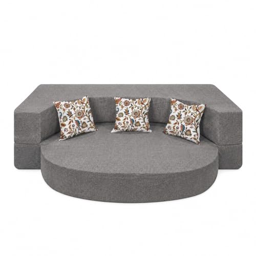 Image of DIVISHA HOMES Round Three Seater C-Type Sofa Cum Bed Stylish Jute Fabric Convertible Sofa for Living Room | Space-Saving & Comfortable for Living Room & Office - Grey