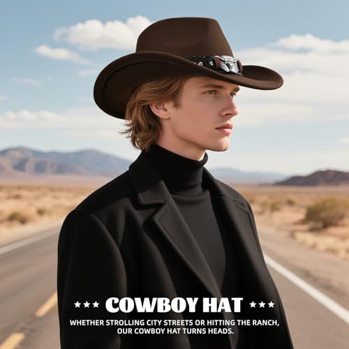 Image of Classic Western Cowboy Hat Cowgirl Hat Unisex Men's & Women's Wide Brim Felt Fedora Hat Flat Top with Buckle Belt