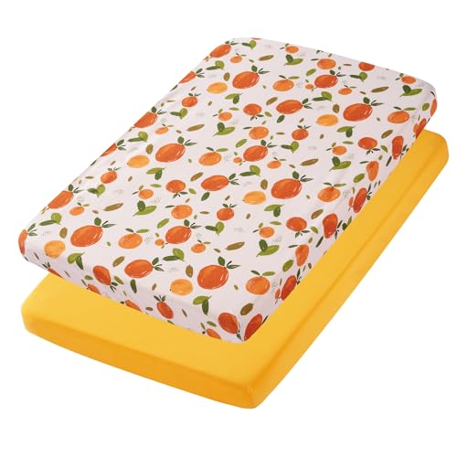 Image of TILLYOU Mini Crib Sheets Fitted 2 Pack, Pack and Play Sheets for Toddler Mattress, Soft and Breathable 38”x 24” Pack n Play Mattresses Cover, Orange Flavour & Orange