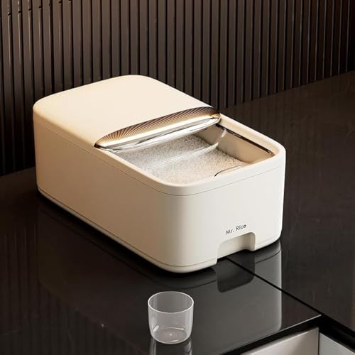 One-Touch Rice Cereal Large Capacity Bulk Grain Rice Dispenser with Measuring Cup Household Moisture-Proof Cereal Storage Container for Kitchen Rice Soybeans Corn Oats Pasta (Beige 5kg-11lb)