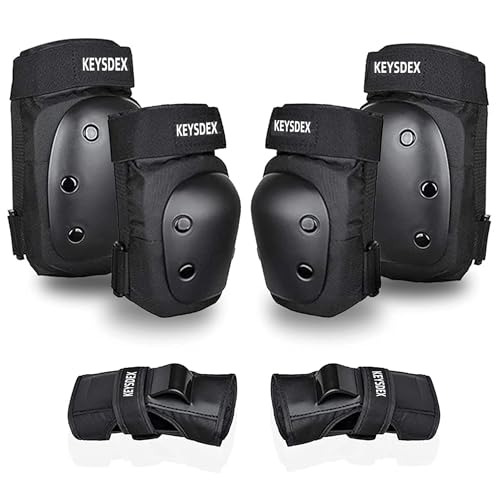 KEYSDEX Adult 6 in 1 Sports Gear Set,Knee Elbow Wrist Pads with Polypropylene Shell & EVA Padding for Skate&Skateboarding,Cycling,Roller Skating,Snowboarding,Scooter,BMX Black Large (134-190 LBS)