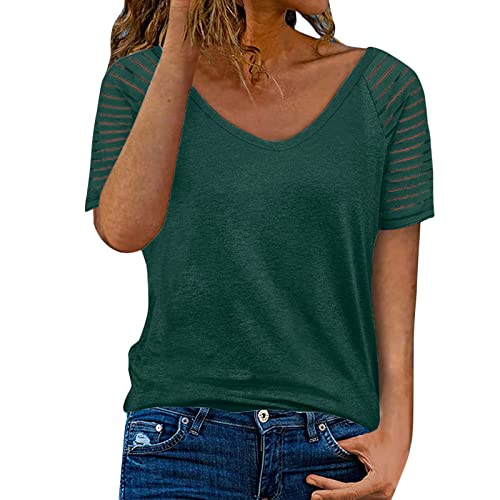 Tops de verano para mujer, manga corta, monocolor, malla, manga larga, informal, cuello en V, blusa, verde militar, XL