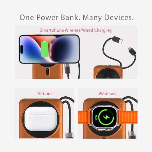 Image of Beetel MagVibe Series WS10 4 in 1 MagSafe 10000mAh Magnetic Wireless Power Bank for Apple iPhone, iWatch & AirPods, Qi Charging for Samsung, OnePlus and Other Android Devices|3M Ring in Box|Orange