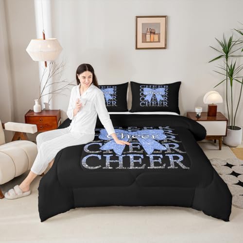 Image of Feelyou Cheer Bow Bedding Set Soft for Boys Girls, Cheerleader Comforter Set Toddler Size Funny Sport Duvet Quilt Microfiber Blue Bedroom Decor 2 Pcs with 1 Pillow Cases