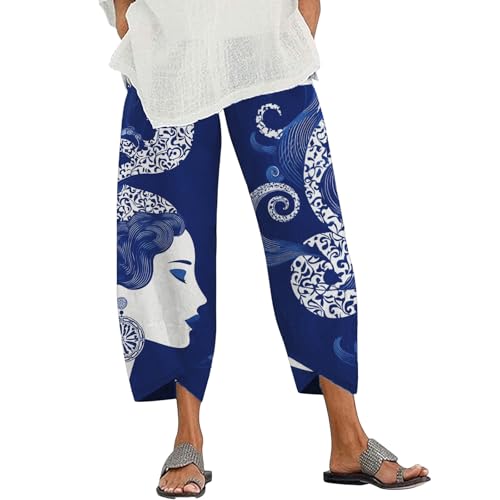 Geleglaer Women's Wide Leg Capri Pants 2025 Summer Casual High Waisted Lounge Cropped Print Beach Trousers with Pockets