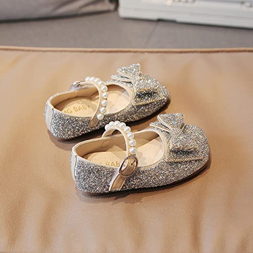 Fashion Autumn Girls Casual Shoes Rhinestone Sequin Bow Buckle Dress Shoes Dance Shoes Little (Silver, 18-24 Months)4