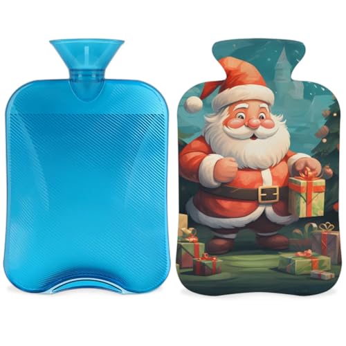 Hot Water Bottle with Soft Cover,2L Colorful Santa Claus Hot Water Bag for Hot and Cold Compress, Hand Feet Warmer, Graffiti Santa Claus Rubber Hot or Cold Water Bottle Halloween Christmas Decorations