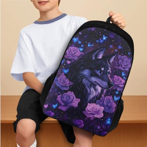 Rose Wolf Girl Backpack and Lunch Box Set 17 Inch Large Capacity Easy Clean Lightweight Children Pencil Case Pouch Kids Personalized Bookmark 4 Piece No Fading 1Th 2Th 3Th Grade2